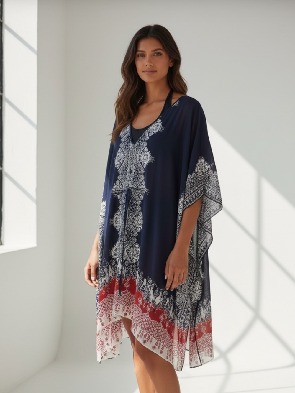 Angie. Swimwear cover up small OS. Batwing sleeves elastic waist. Front tie